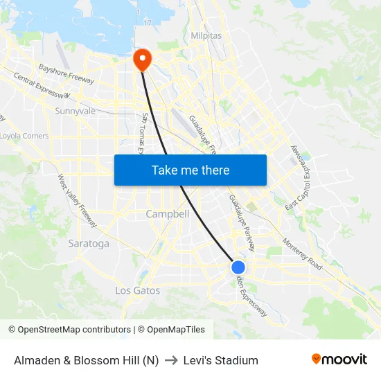 Almaden & Blossom Hill (N) to Levi's Stadium map