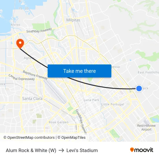 Alum Rock & White (W) to Levi's Stadium map