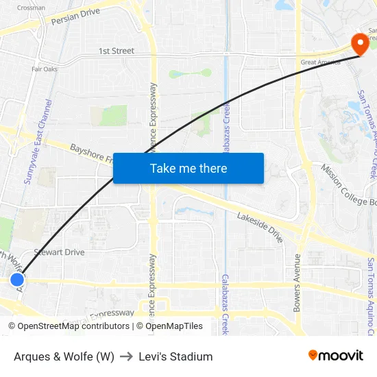 Arques & Wolfe (W) to Levi's Stadium map