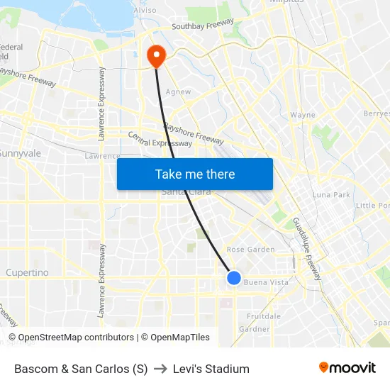 Bascom & San Carlos (S) to Levi's Stadium map