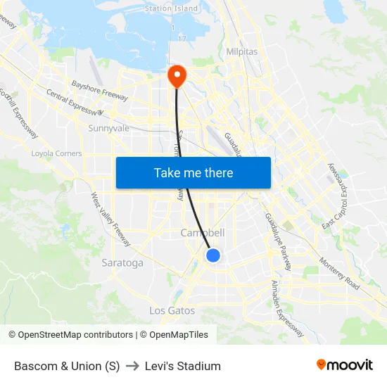Bascom & Union (S) to Levi's Stadium map