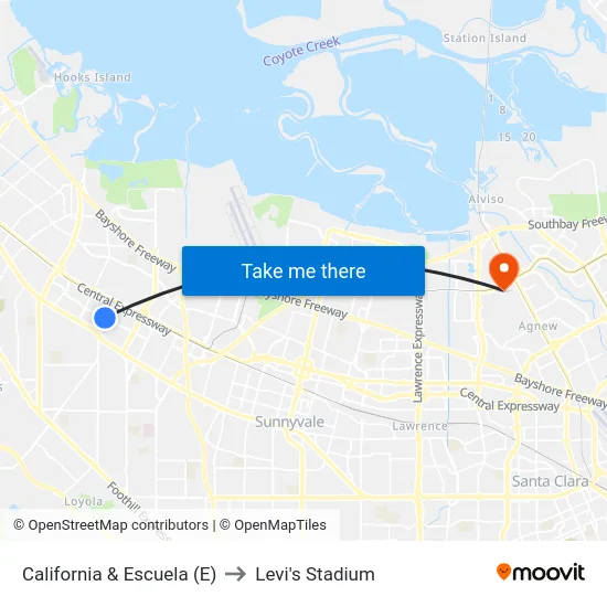 California & Escuela (E) to Levi's Stadium map
