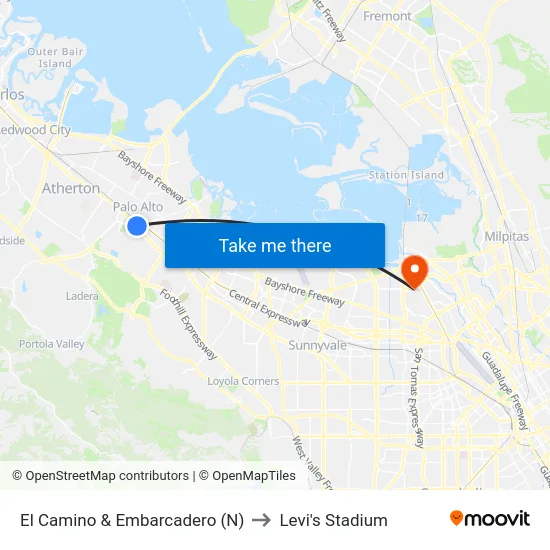 El Camino & Embarcadero (N) to Levi's Stadium map