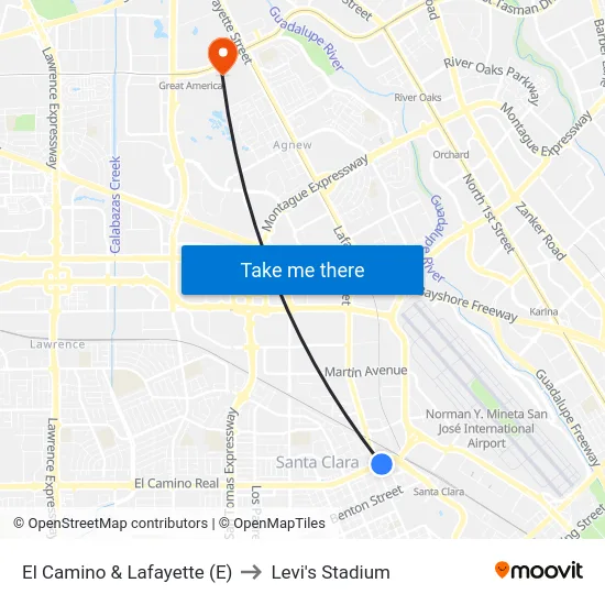 El Camino & Lafayette (E) to Levi's Stadium map