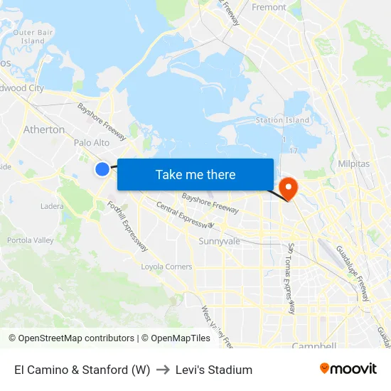 El Camino & Stanford (W) to Levi's Stadium map