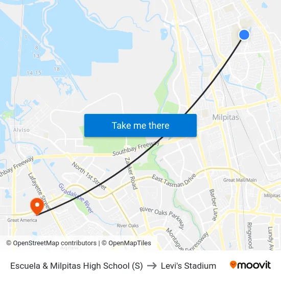 Escuela & Milpitas High School (S) to Levi's Stadium map