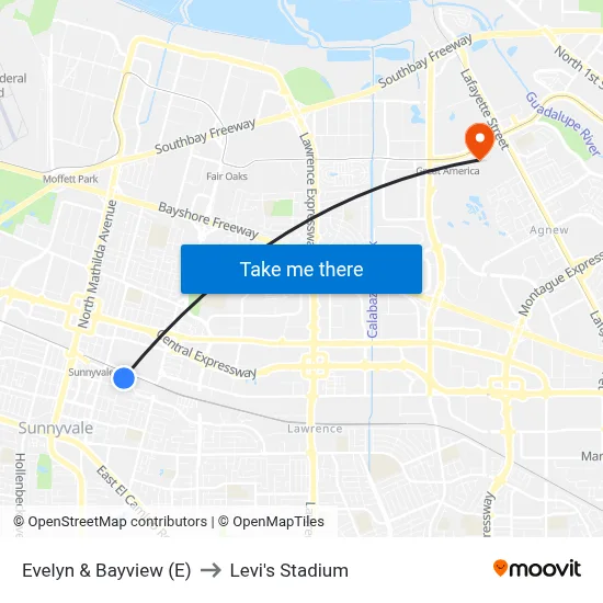 Evelyn & Bayview (E) to Levi's Stadium map