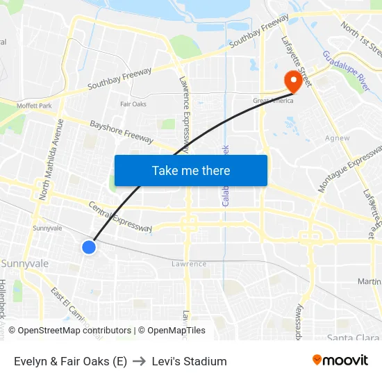 Evelyn & Fair Oaks (E) to Levi's Stadium map