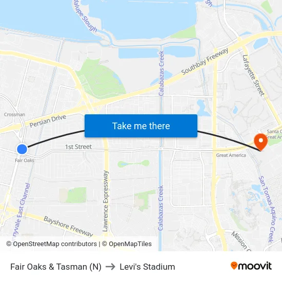 Fair Oaks & Tasman (N) to Levi's Stadium map