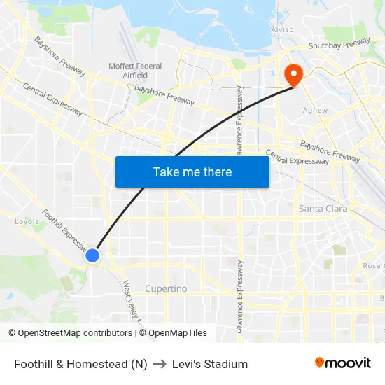 Foothill & Homestead (N) to Levi's Stadium map