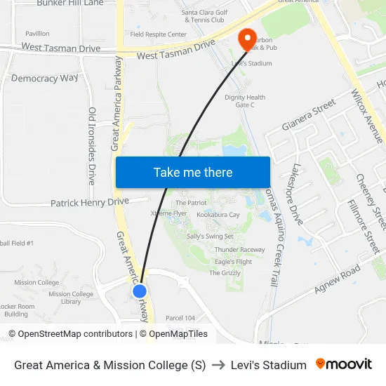 Great America & Mission College (S) to Levi's Stadium map
