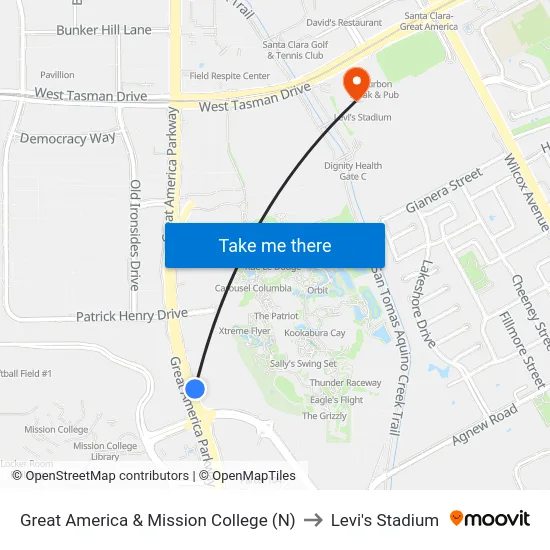 Great America & Mission College (N) to Levi's Stadium map