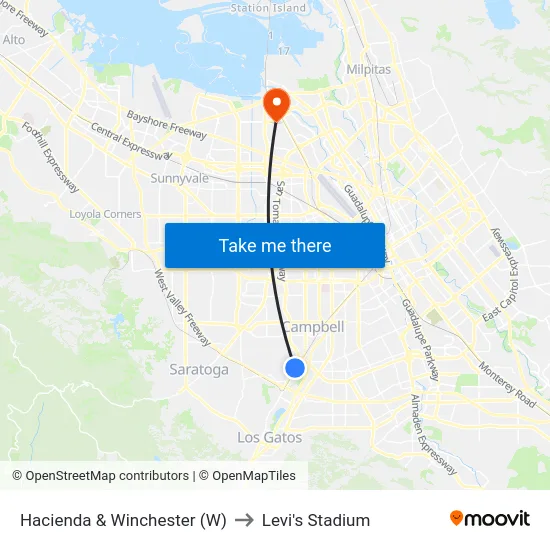 Hacienda & Winchester (W) to Levi's Stadium map