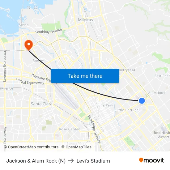 Jackson & Alum Rock (N) to Levi's Stadium map