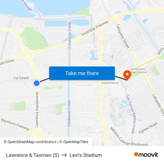 Lawrence & Tasman (S) to Levi's Stadium map
