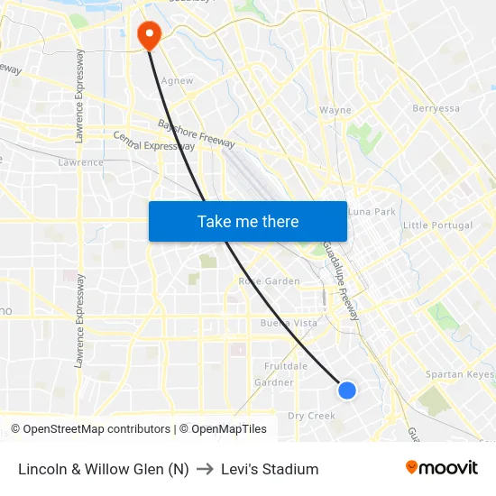 Lincoln & Willow Glen (N) to Levi's Stadium map