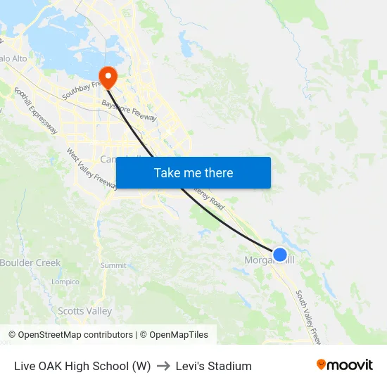 Live OAK High School (W) to Levi's Stadium map