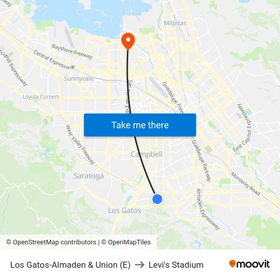 Los Gatos-Almaden & Union (E) to Levi's Stadium map