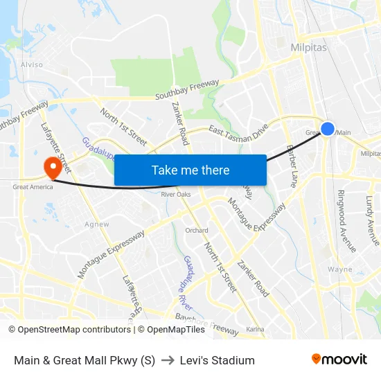 Main & Great Mall Pkwy (S) to Levi's Stadium map