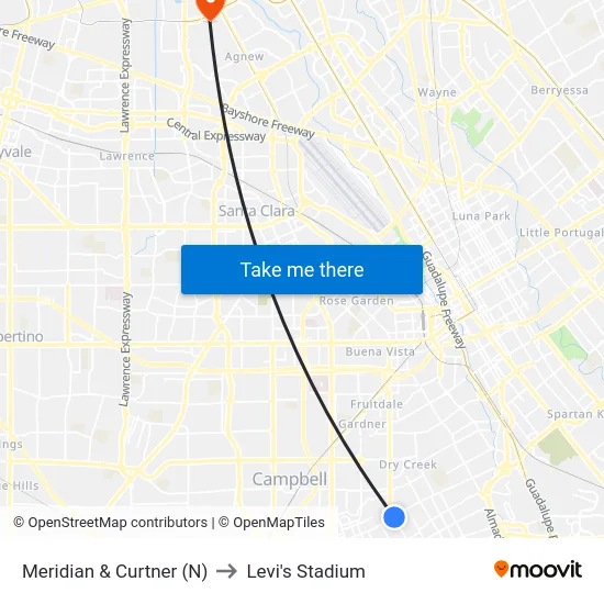 Meridian & Curtner (N) to Levi's Stadium map