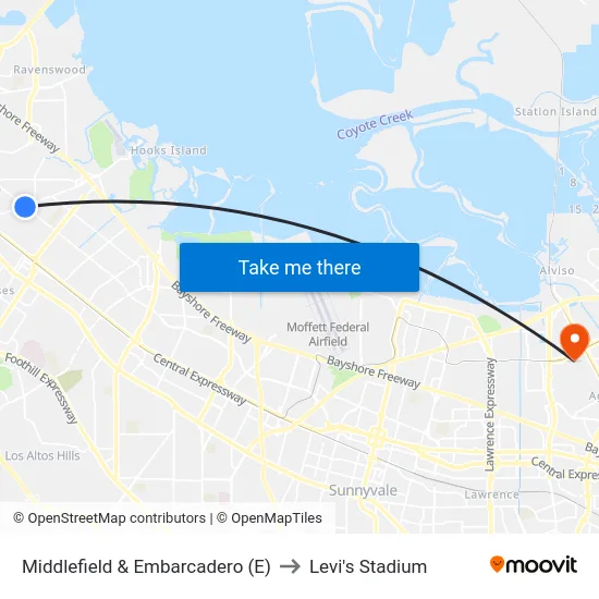 Middlefield & Embarcadero (E) to Levi's Stadium map