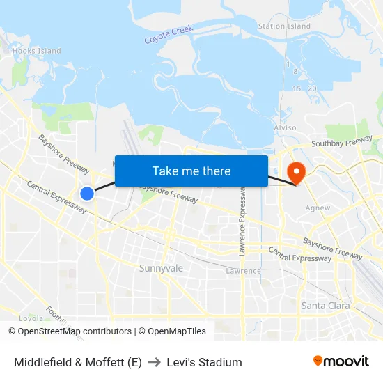 Middlefield & Moffett (E) to Levi's Stadium map