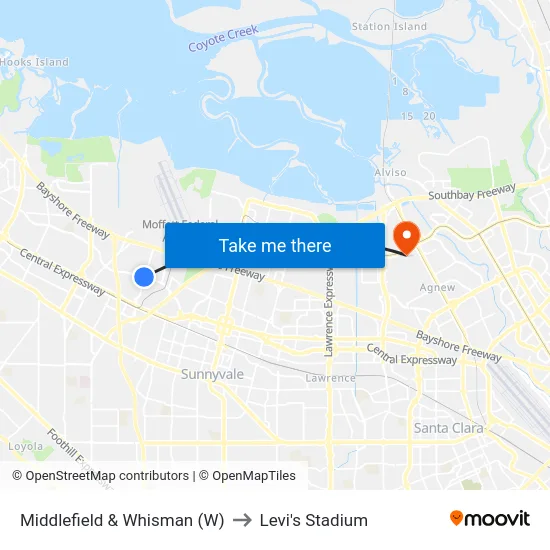 Middlefield & Whisman (W) to Levi's Stadium map