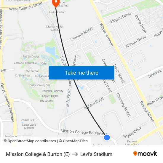 Mission College & Burton (E) to Levi's Stadium map