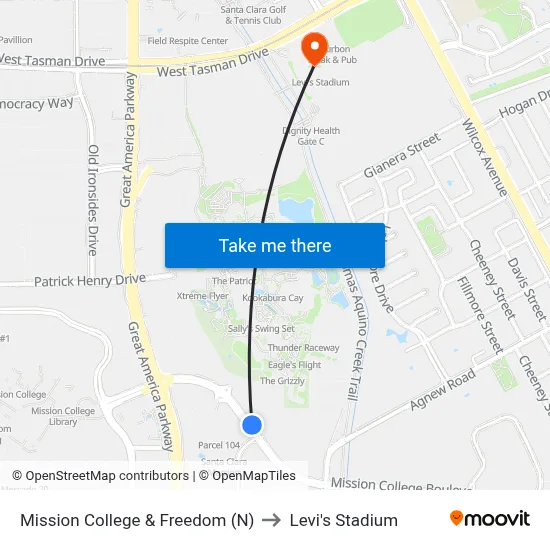 Mission College & Freedom (N) to Levi's Stadium map