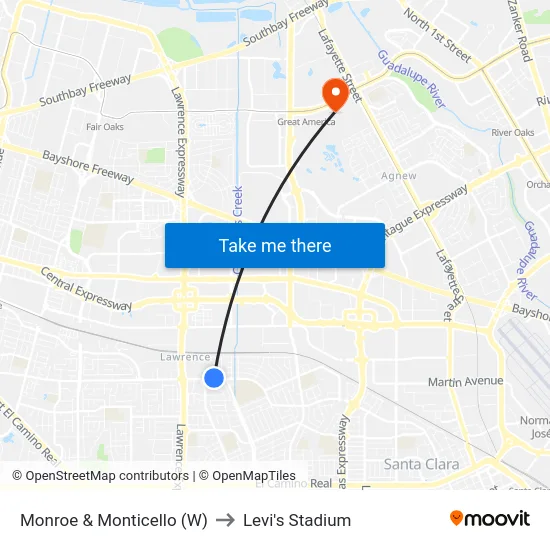 Monroe & Monticello (W) to Levi's Stadium map