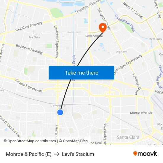 Monroe & Pacific (E) to Levi's Stadium map
