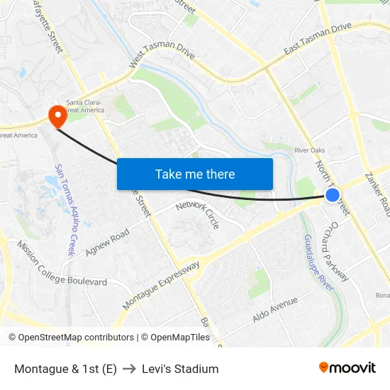 Montague & 1st (E) to Levi's Stadium map