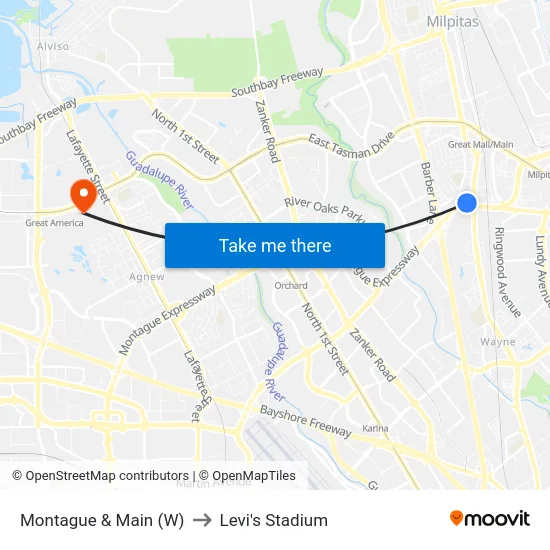 Montague & Main (W) to Levi's Stadium map