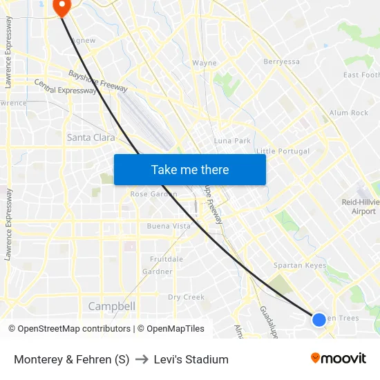 Monterey & Fehren (S) to Levi's Stadium map