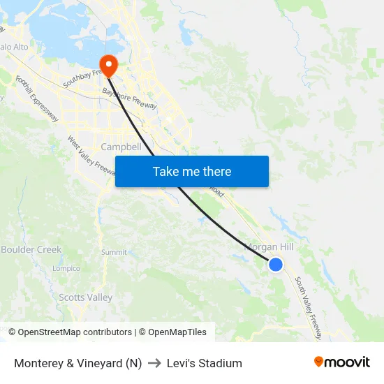 Monterey & Vineyard (N) to Levi's Stadium map
