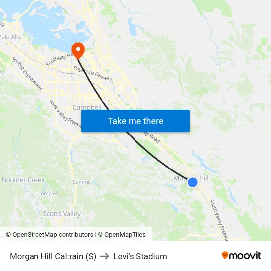 Morgan Hill Caltrain (S) to Levi's Stadium map