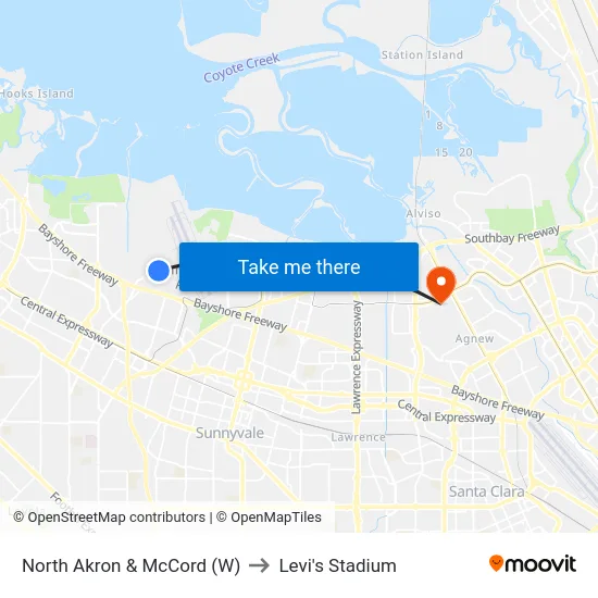 North Akron & McCord (W) to Levi's Stadium map