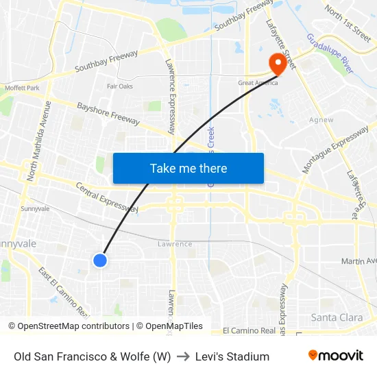 Old San Francisco & Wolfe (W) to Levi's Stadium map