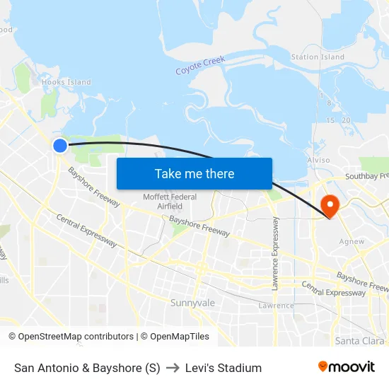 San Antonio & Bayshore (S) to Levi's Stadium map