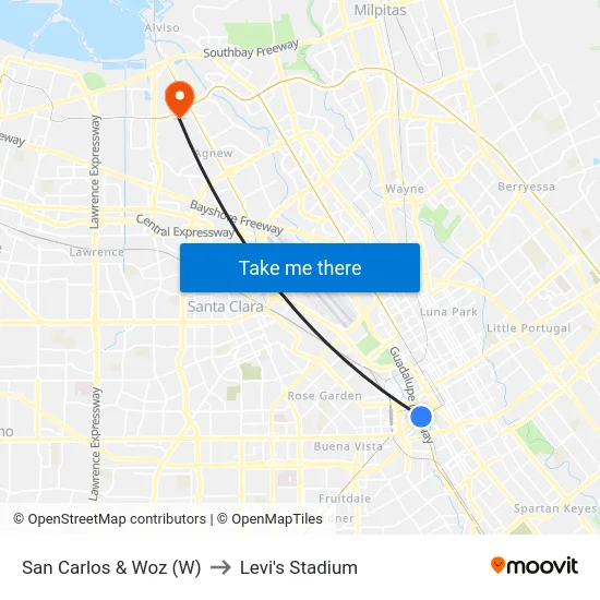 San Carlos & Woz (W) to Levi's Stadium map
