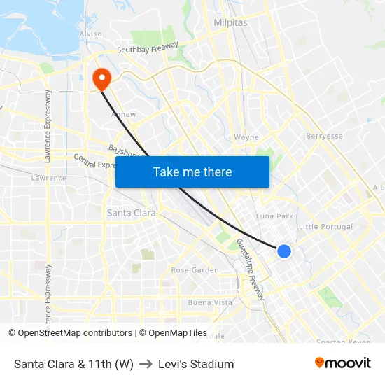 Santa Clara & 11th (W) to Levi's Stadium map
