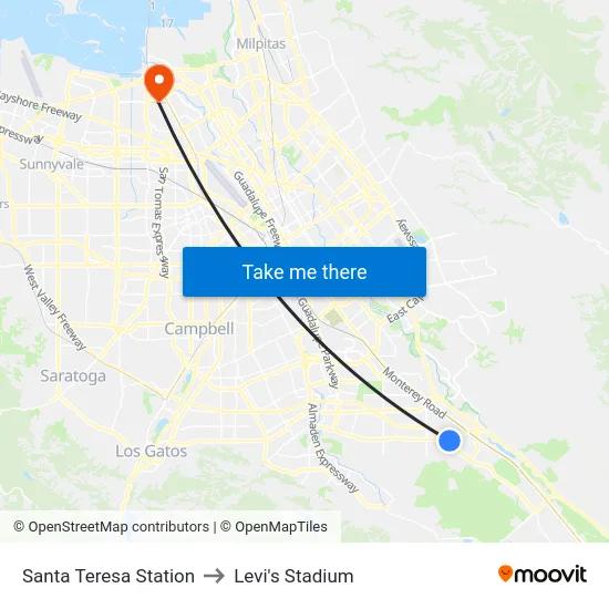 Santa Teresa Station to Levi's Stadium map