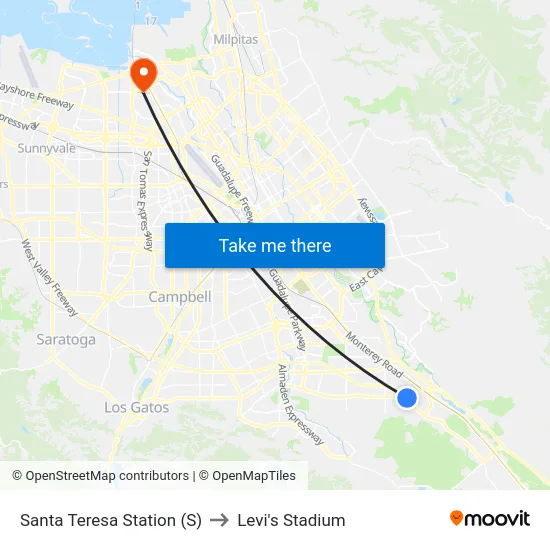Santa Teresa Station (S) to Levi's Stadium map