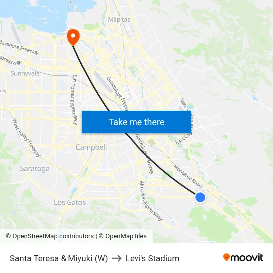 Santa Teresa & Miyuki (W) to Levi's Stadium map