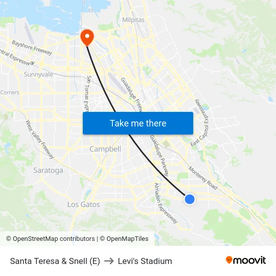 Santa Teresa & Snell (E) to Levi's Stadium map