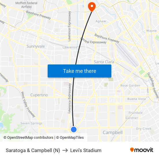 Saratoga & Campbell (N) to Levi's Stadium map