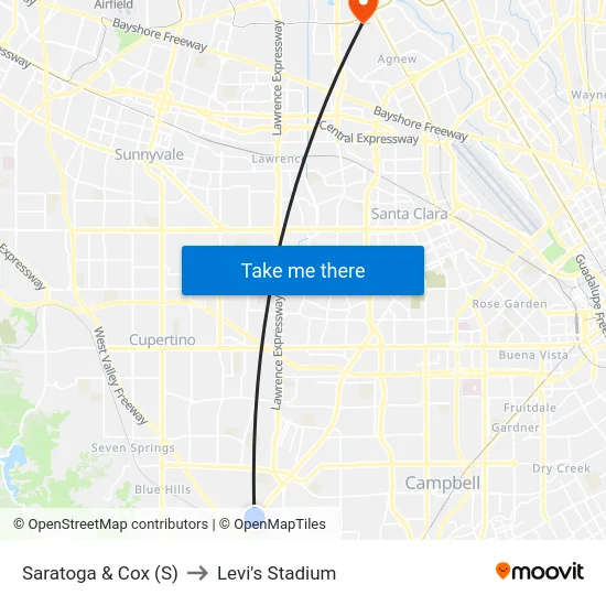 Saratoga & Cox (S) to Levi's Stadium map