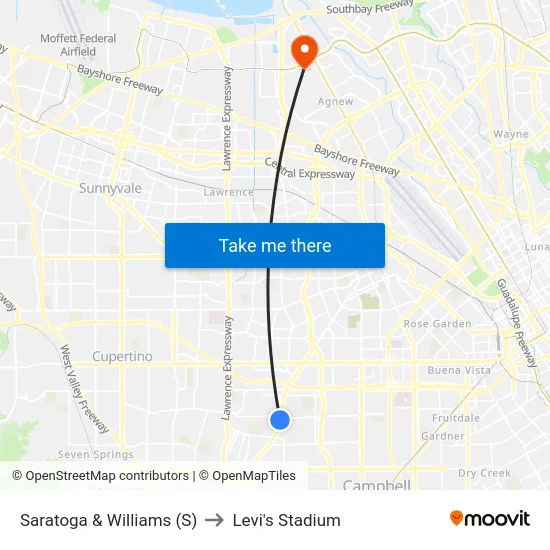 Saratoga & Williams (S) to Levi's Stadium map