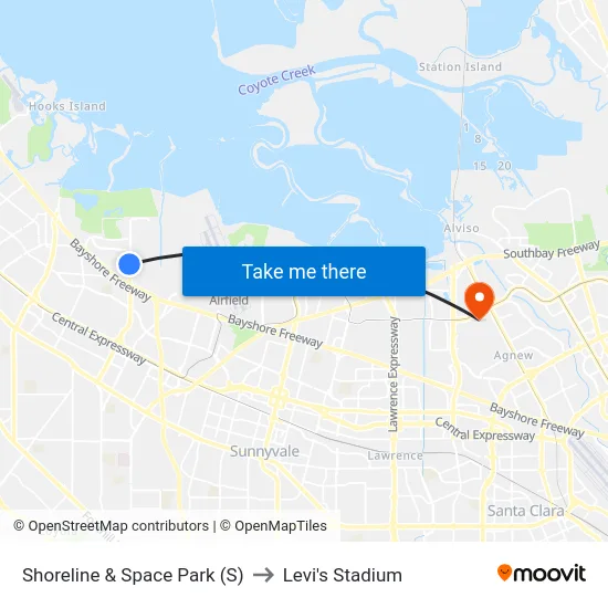 Shoreline & Space Park (S) to Levi's Stadium map