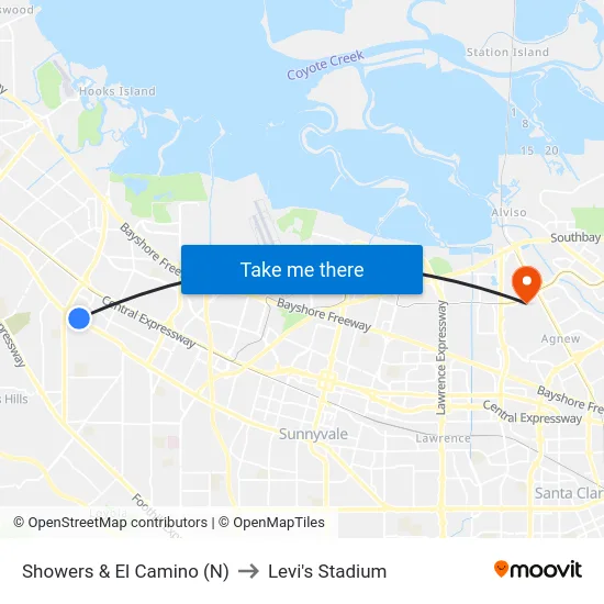 Showers & El Camino (N) to Levi's Stadium map